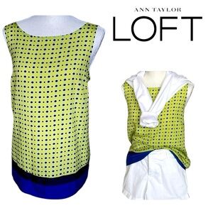ANN TAYLOR Polka Dot Sleeveless Tank Blouse Tie Neck Yellow Blue Purple Sz M